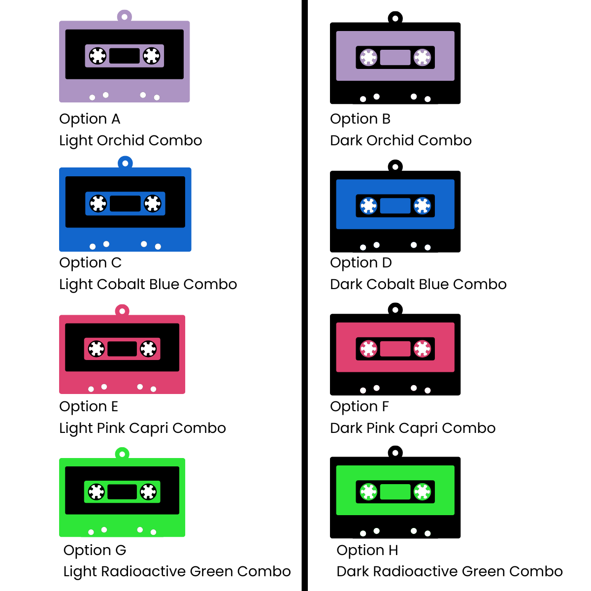 Colour option chart for Retro Cassette Tape Backpack Tag.