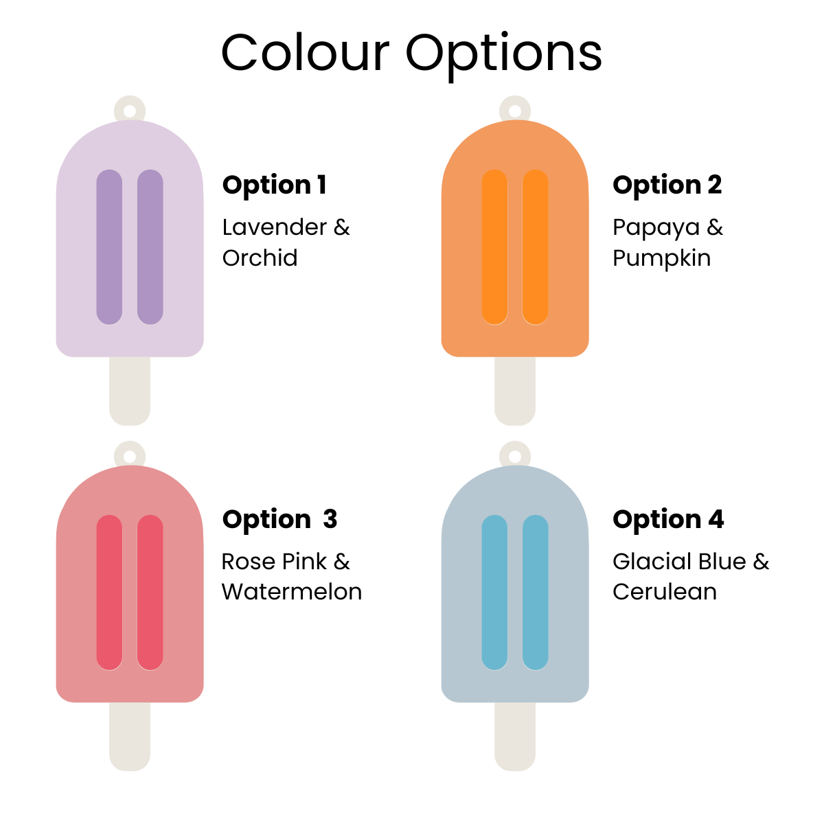 Colour options for popsicle backpack tag.