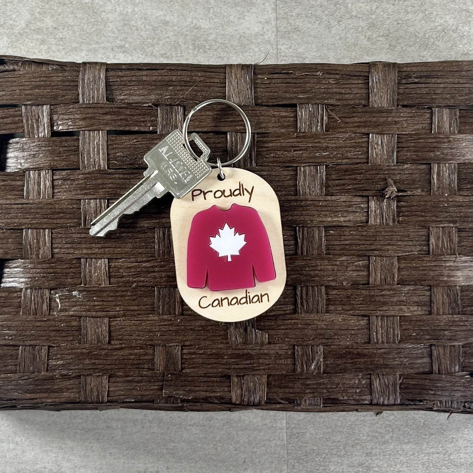 hero shot canadian hockey jersey wood keychain matte red acrylic proudly Canadian gift