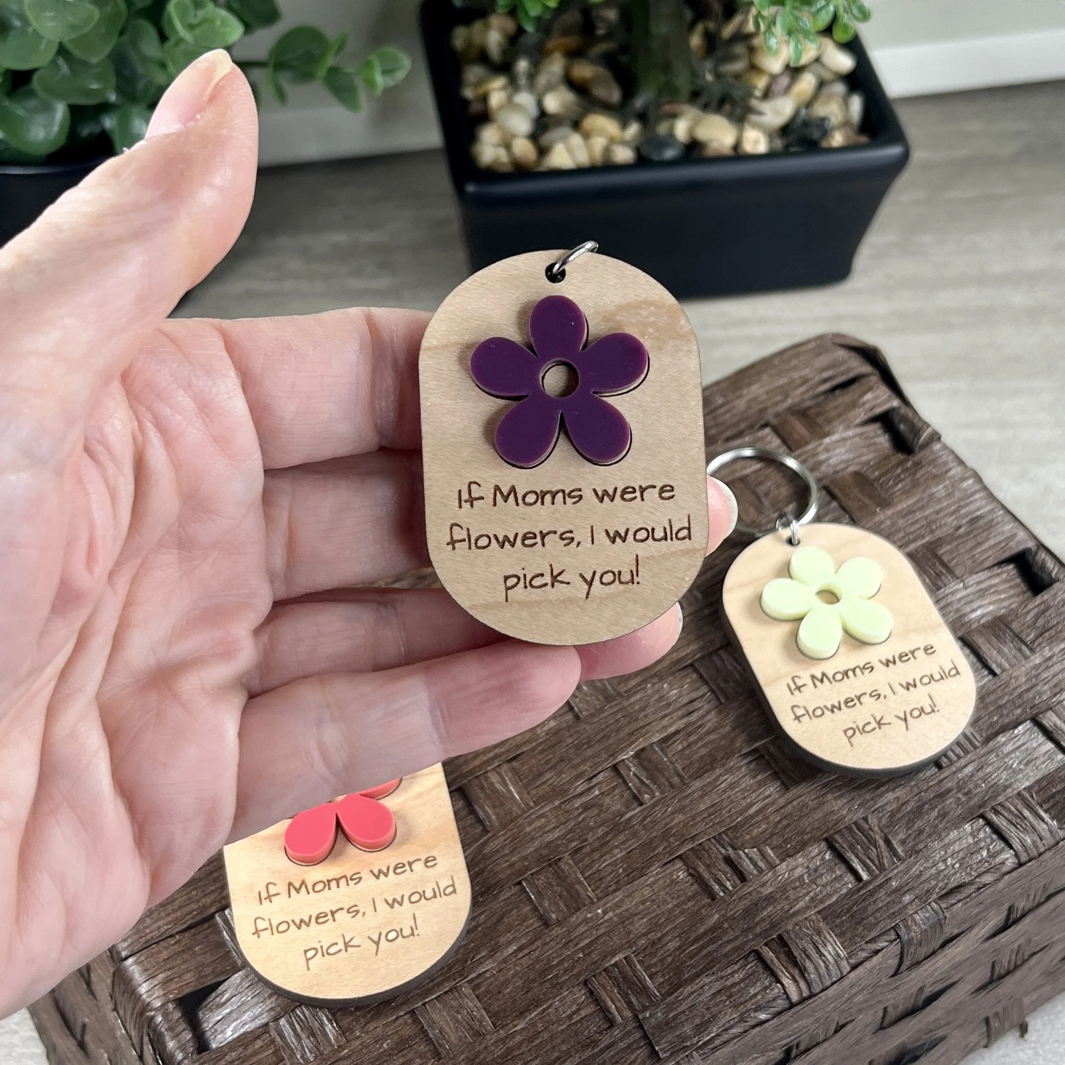 handheld laser cut maple wood keychain showing matte acrylic sugar plum coloured flower If Mom Were Flowers Mother's Day gift Canada.