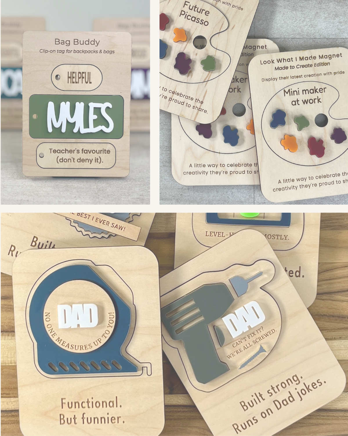 A collection of wooden cards with different playful and creative designs, including tags with words like 'HELPFUL,' 'MYLES,' 'DAD,' and 'Future Picasso,' featuring colorful puzzle pieces, measurements, and humorous labels.
