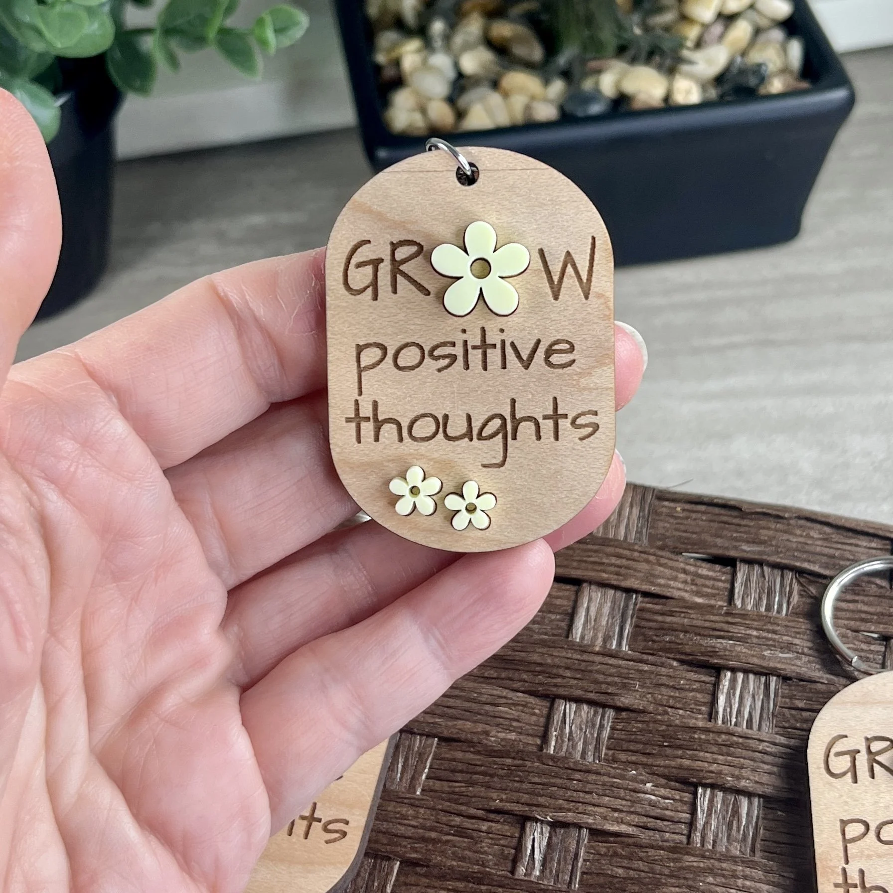 handheld laser cut maple wood keychain with 3 matte acrylic light yellow flowers grow positive thoughts gift Canada.