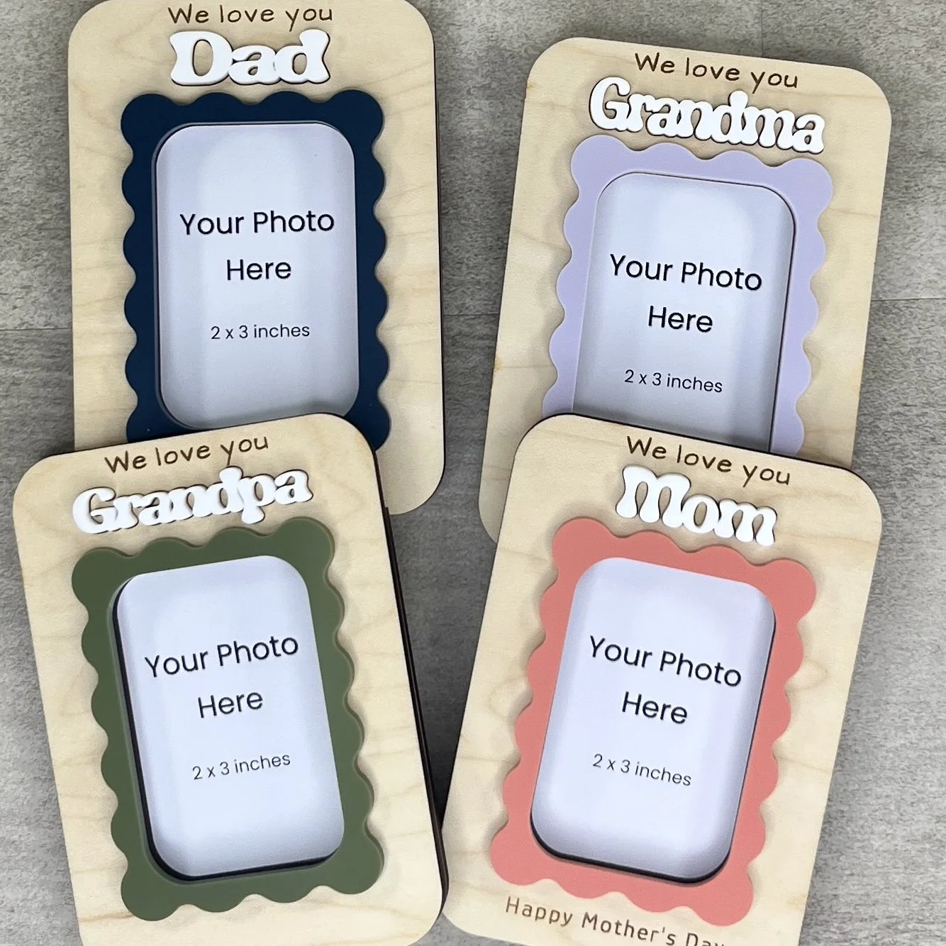 group view maple wood photo frame magnet in varied acrylic colours dad, mom, grandma and grandpa gifts.
