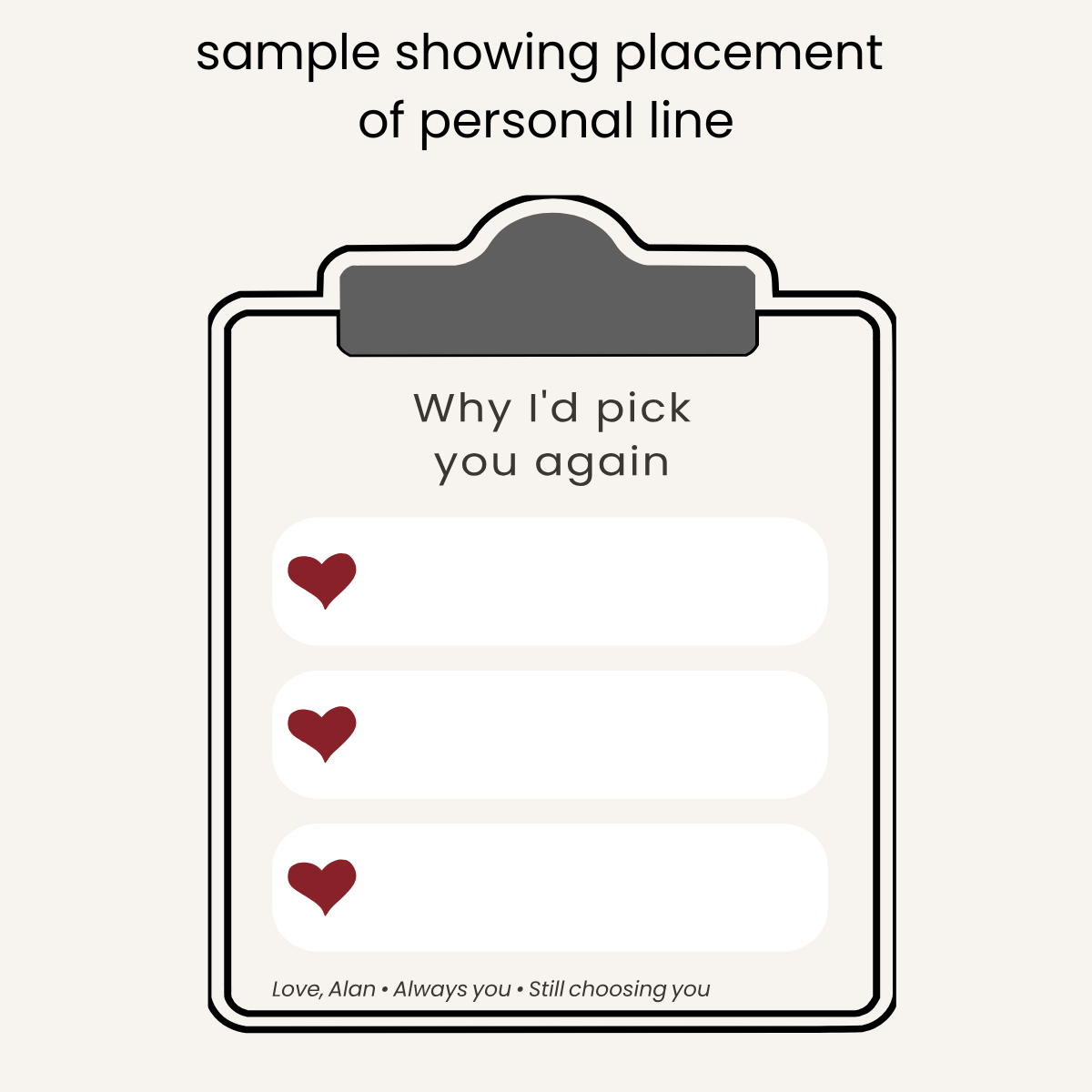 Graphic of Why I'd Pick You Again Clipboard Sign illustrated to show personalization options.