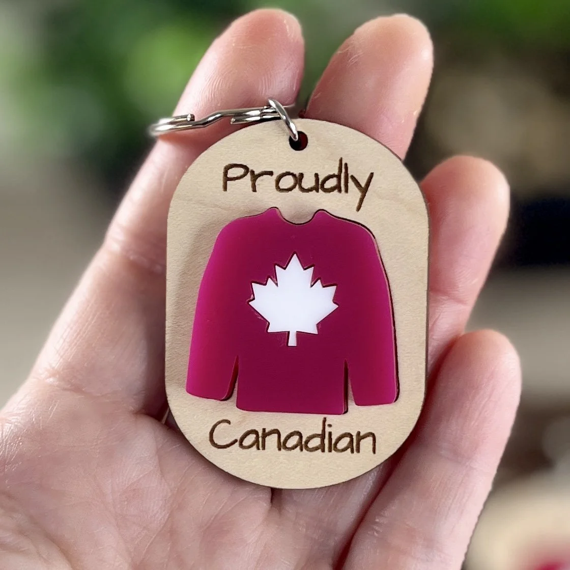 handheld canadian hockey jersey wood keychain matte red acrylic proudly Canadian gift