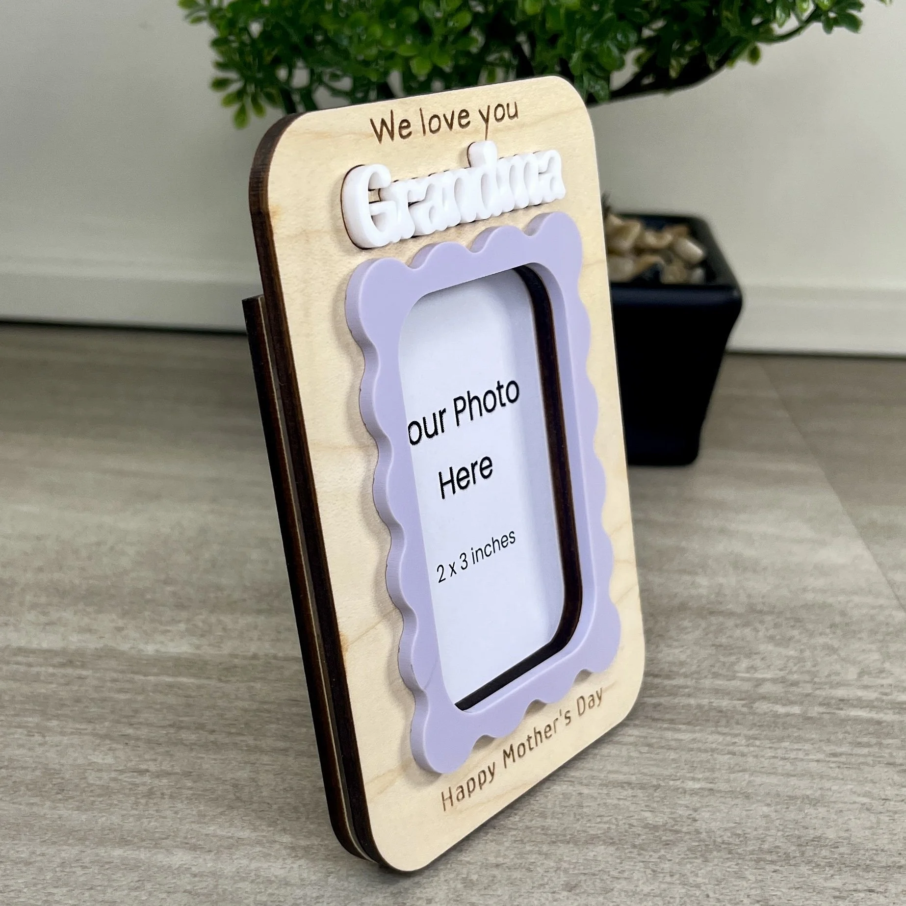 side view maple wood photo frame magnet orchid wavy acrylic embellishment grandma gift.