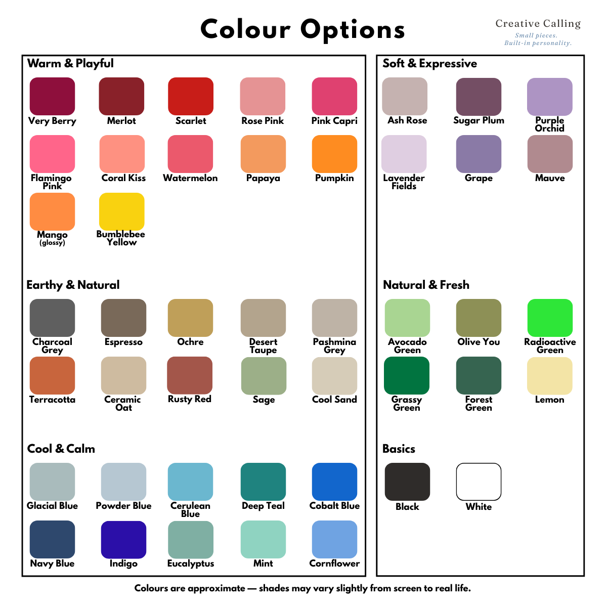Color options chart for the Love You Magnet Wavy Frame. Grid of matte acrylic swatches showing a full palette of pastel, earthy, warm, vibrant, and basic shades.