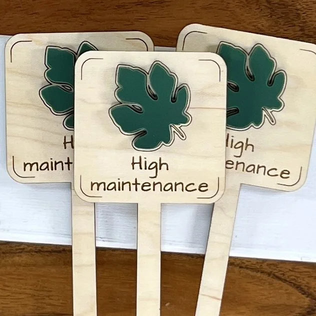flat lay maple plant stake featuring an acrylic tropical leaf embellishment engraved with the phrase "High Maintenance".