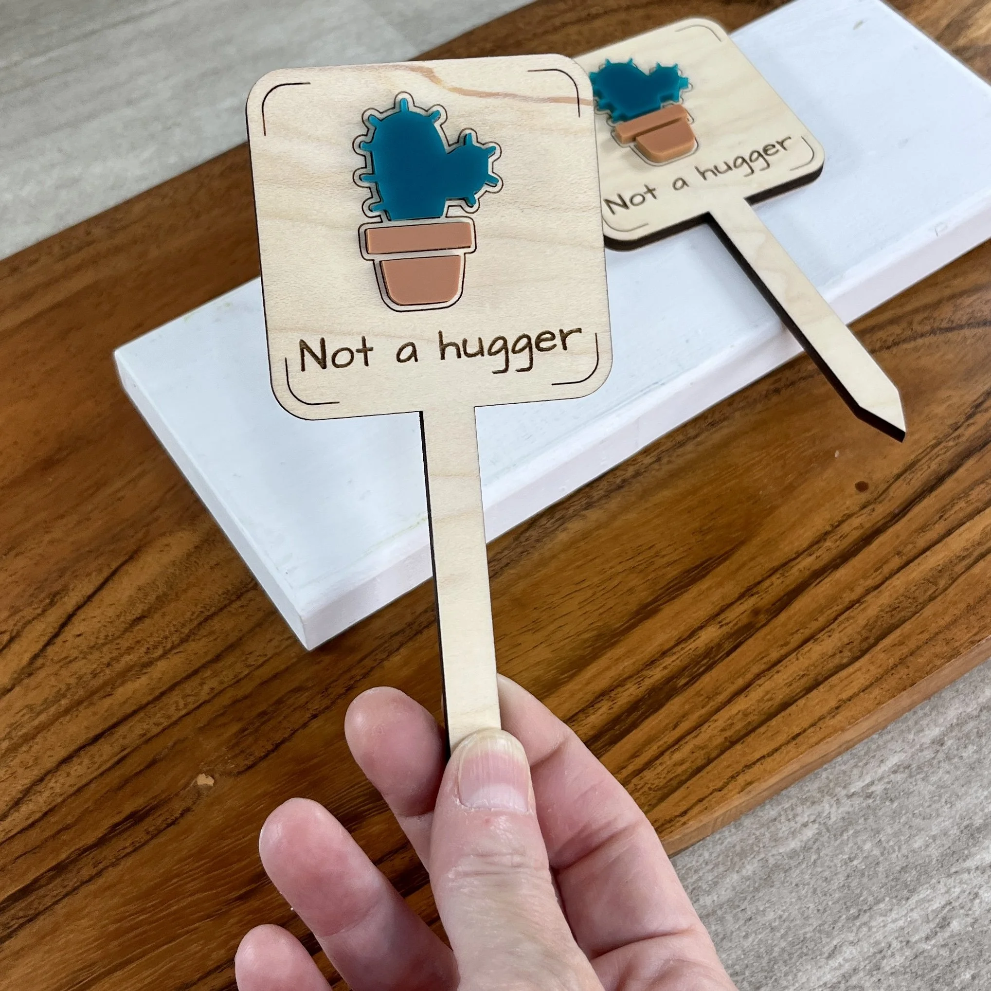 handheld maple plant stake featuring a prickly succulent embellishment engraved with the phrase "Not a hugger".