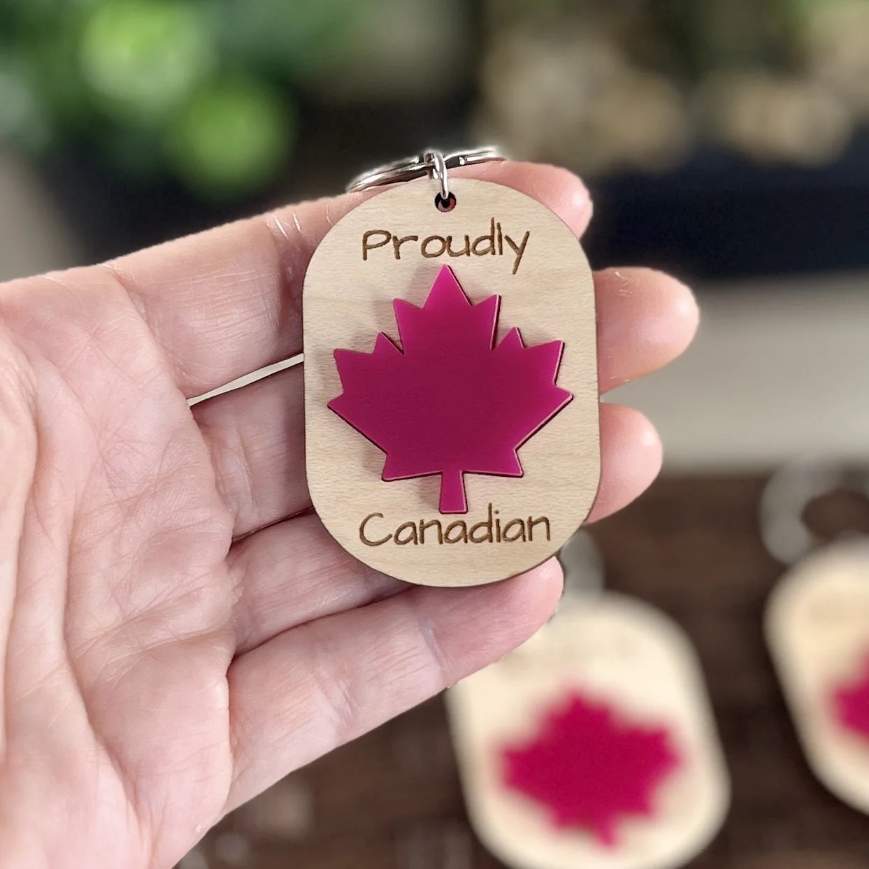 handheld canadian maple leaf wood keychain matte red acrylic proud Canadian gift.
