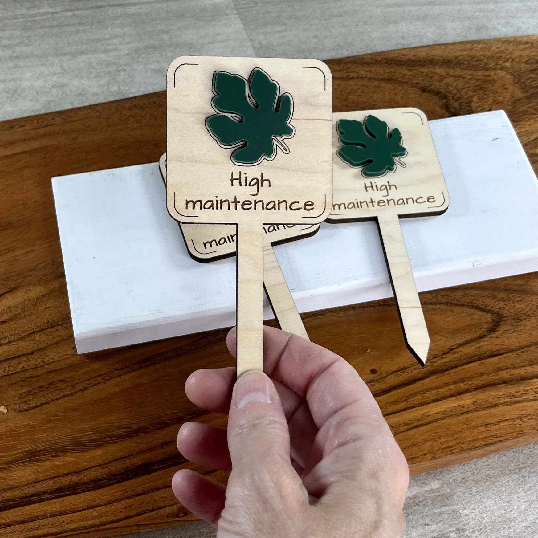 handheld maple plant stake featuring an acrylic tropical leaf embellishment engraved with the phrase "High Maintenance".