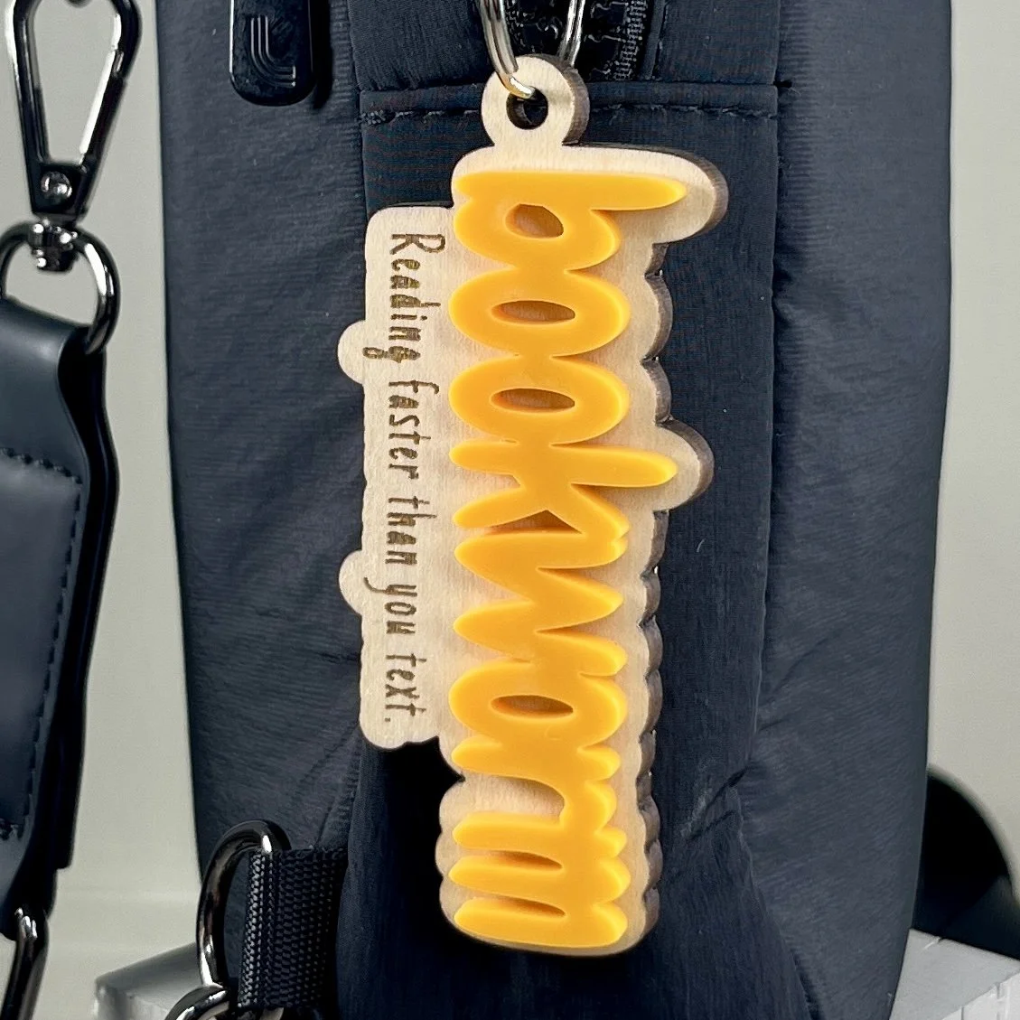lifestyle laser cut backpack tag bumblebee acrylic "Bookworm" book lover gift
