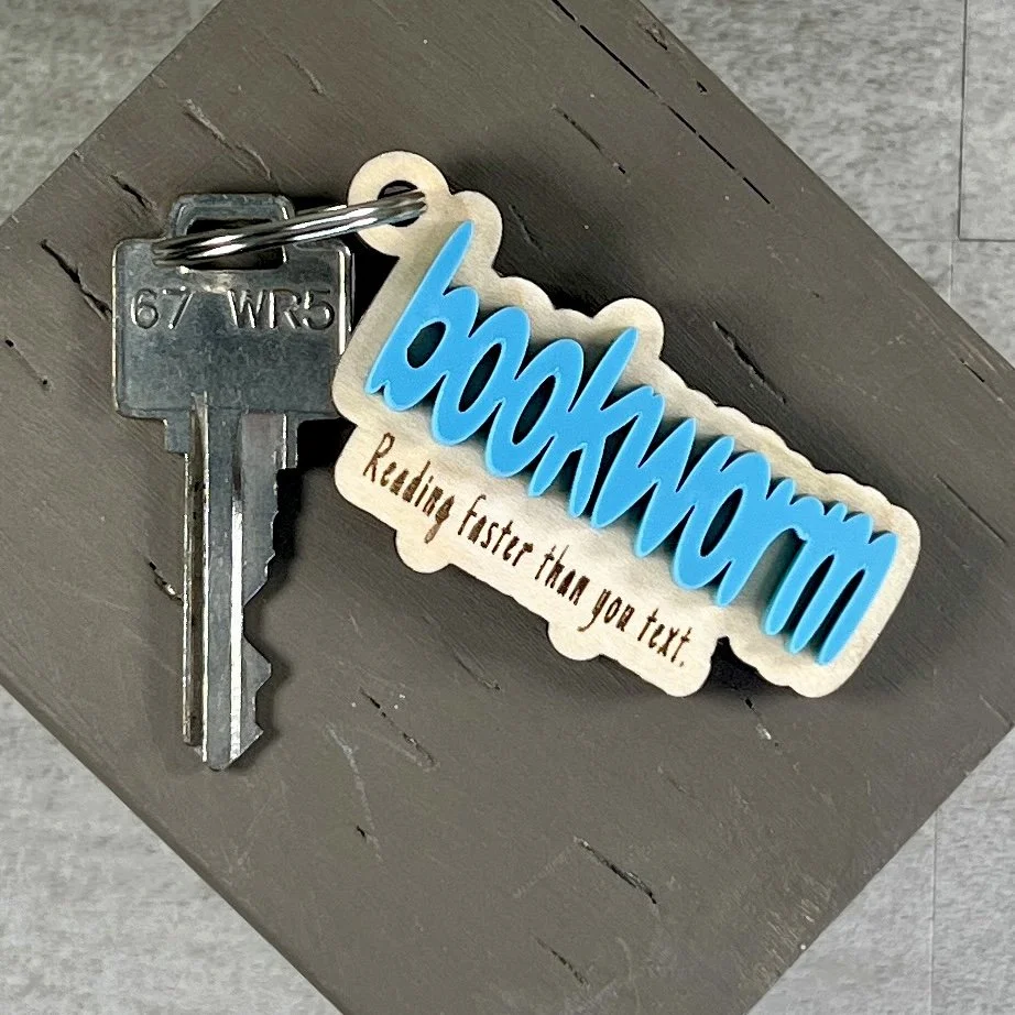hero view wood keychain cerulean blue bookworm quote book lover gift