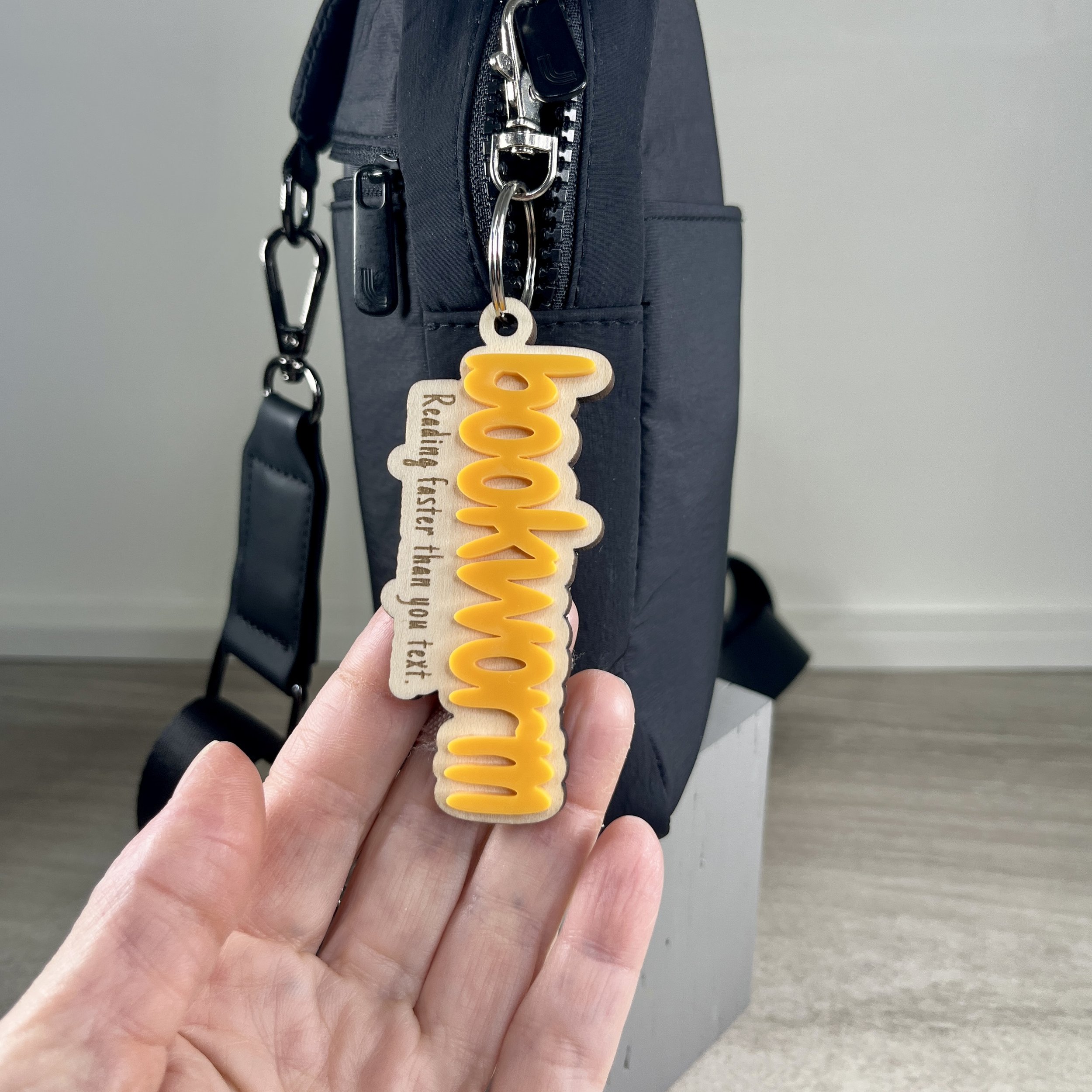 handheld laser cut wood backpack tag bumblebee yellow "Bookworm" book lover gift
