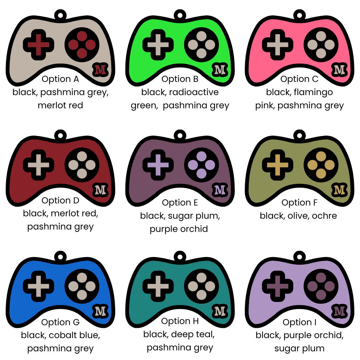Colour options for game controller-shaped acrylic backpack tag.