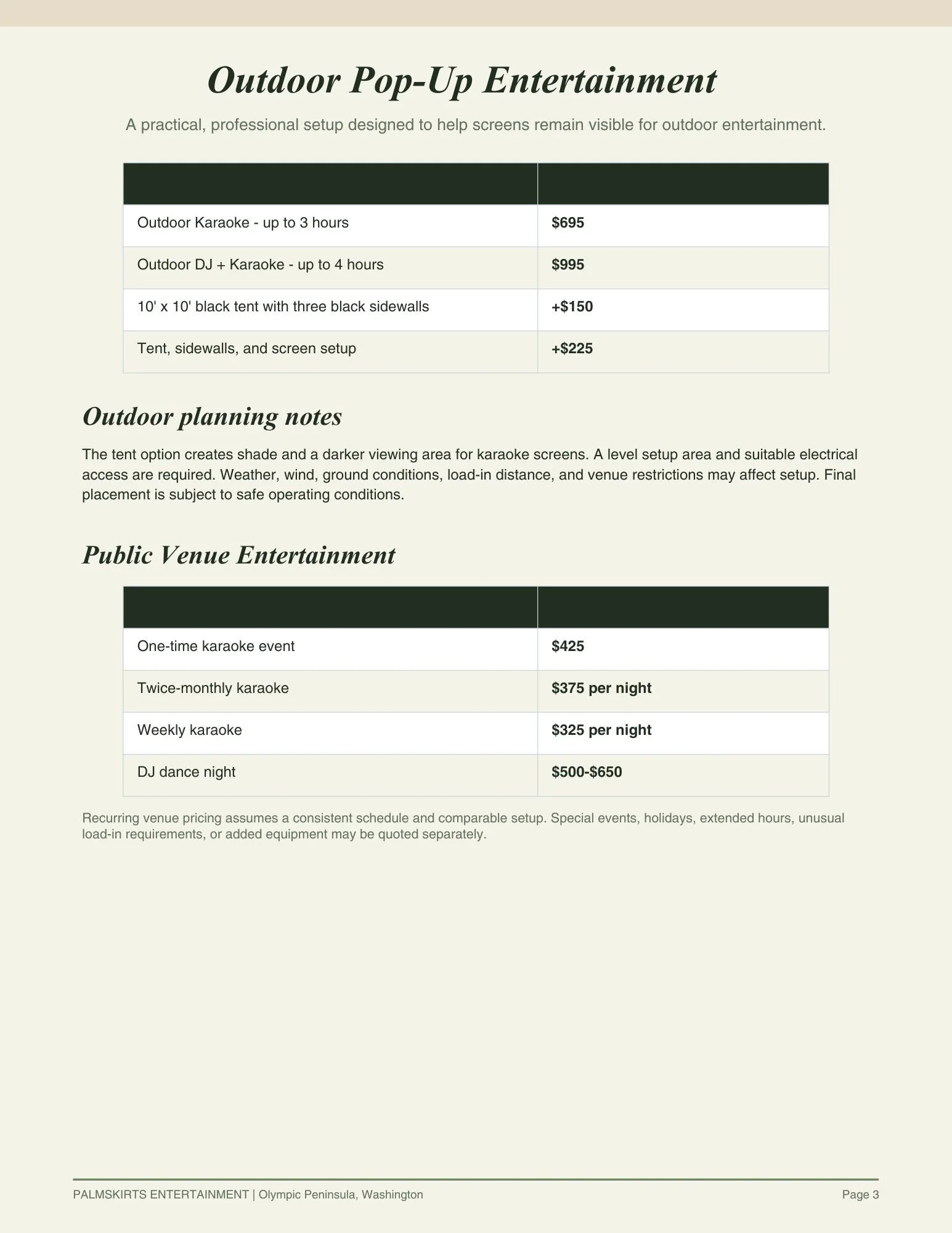 Outdoor pop-up entertainment service pricing and details. Options include outdoor karaoke, outdoor DJ and karaoke, tents, and screen setup. Pricing ranges from $325 to $995, with additional charges for tents and setups. Listing of public venue entertainment options, such as karaoke events and DJ dance nights. The page includes notes on outdoor planning and venue considerations.