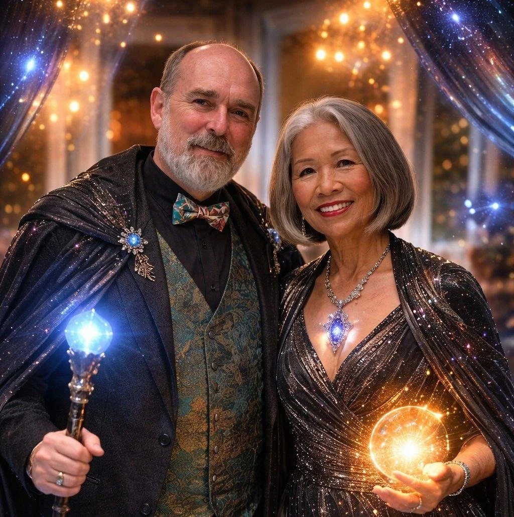 A man and woman in elegant, fantasy-themed costumes standing together. The man holds a staff with a glowing blue light, and the woman holds a glowing orb. The background features sparkling lights and star-like effects, creating a magical atmosphere.