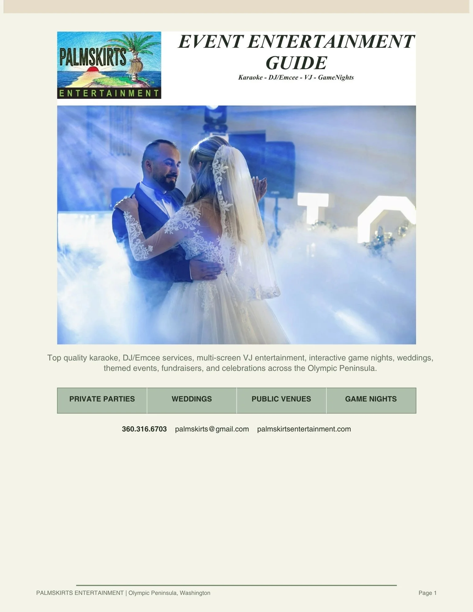 homepage of PalmSkirts Entertainment promoting event entertainment services including karaoke, DJ/Emcee, VJ, and game nights, with a photo of a wedding couple dancing in a foggy setting.