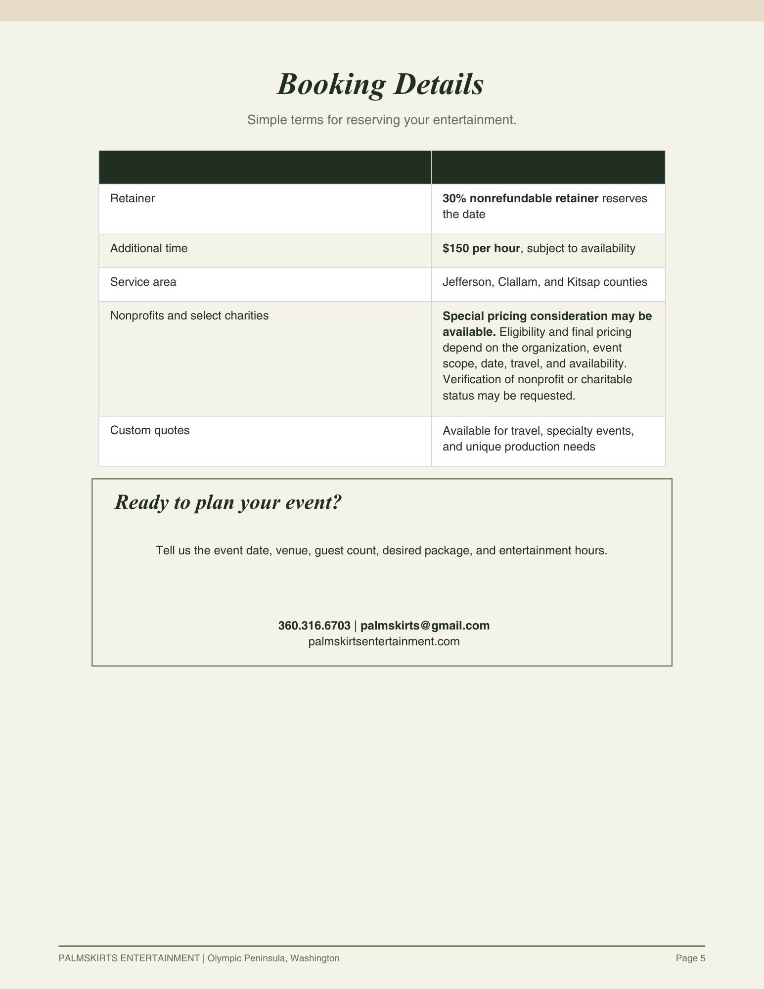 A booking details page for an entertainment event with information on retainers, additional time, service area, nonprofit discounts, and custom quotes, including contact details at the bottom.