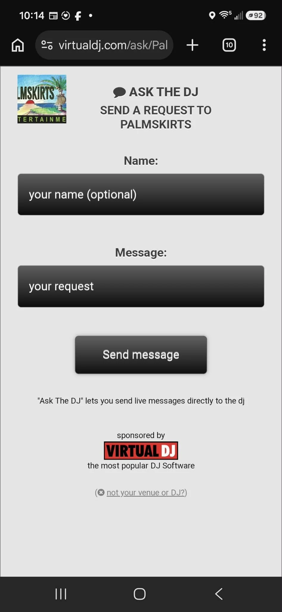 A mobile phone screenshot of a webpage titled 'Ask The DJ', offering users to send a request to a virtual DJ. The page includes fields for name and message, a 'Send message' button, and sponsorship by Virtual DJ software with a logo. There are icons for Wi-Fi, battery, and notifications at the top.