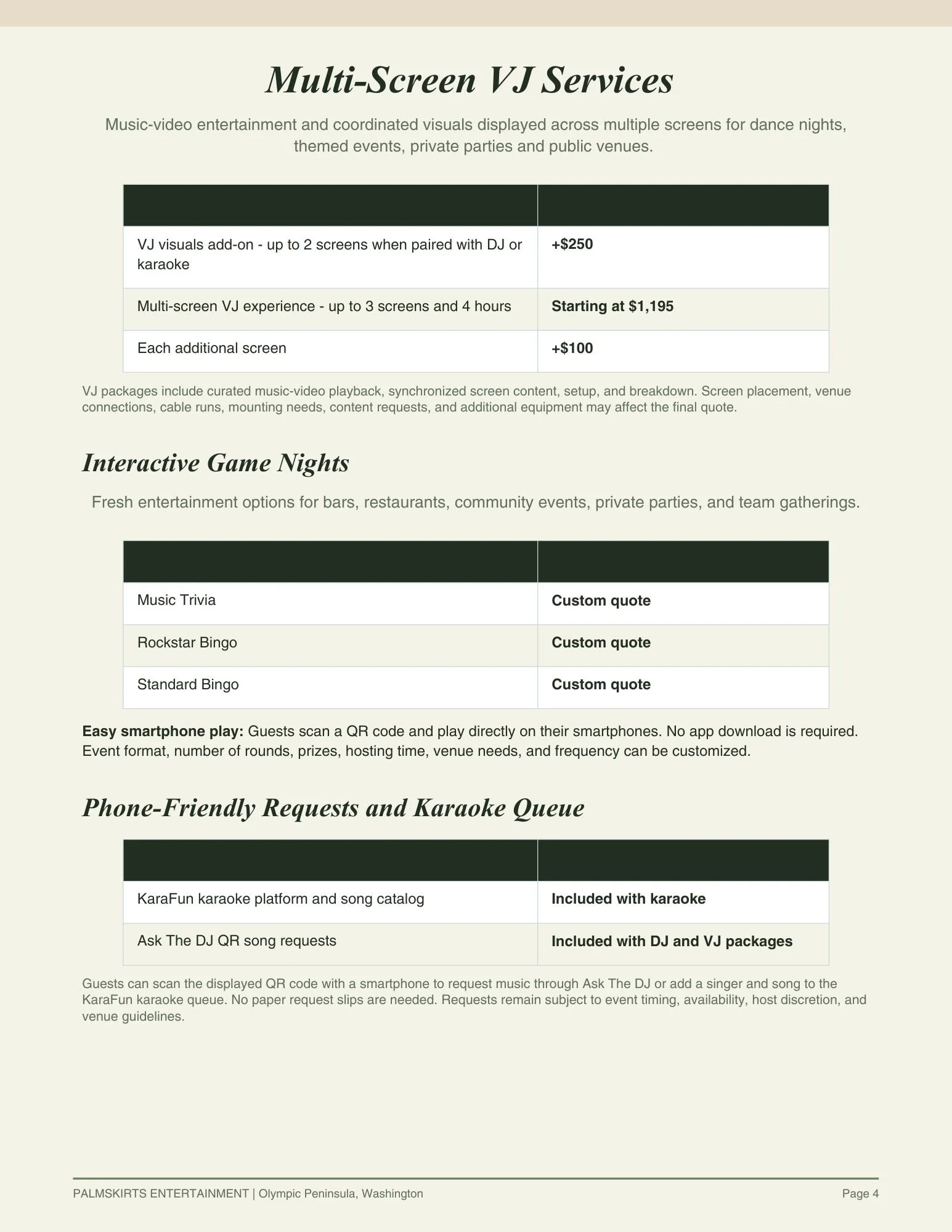 A menu or flyer detailing multi-screen VJ services, interactive game nights, and karaoke queue options. It includes pricing and package details for visuals, music-video playback, and event requests.