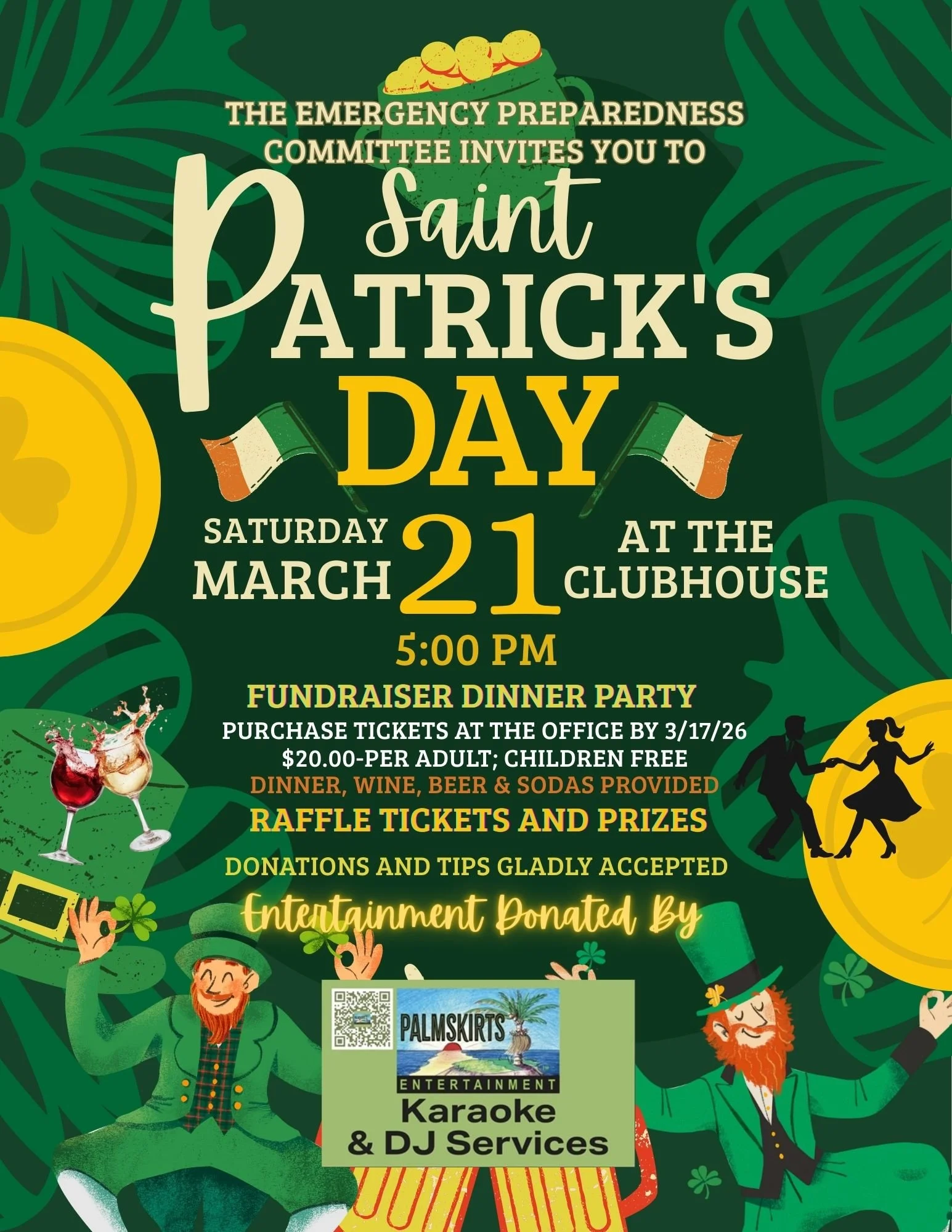 Invitation to a Saint Patrick's Day event organized by the Emergency Preparedness Committee on Saturday, March 21 at the clubhouse at 5:00 PM featuring dinner, drinks, raffles, and entertainment with karaoke, DJ services, and various activities with leprechauns, shamrocks, rainbows, and festive symbols.