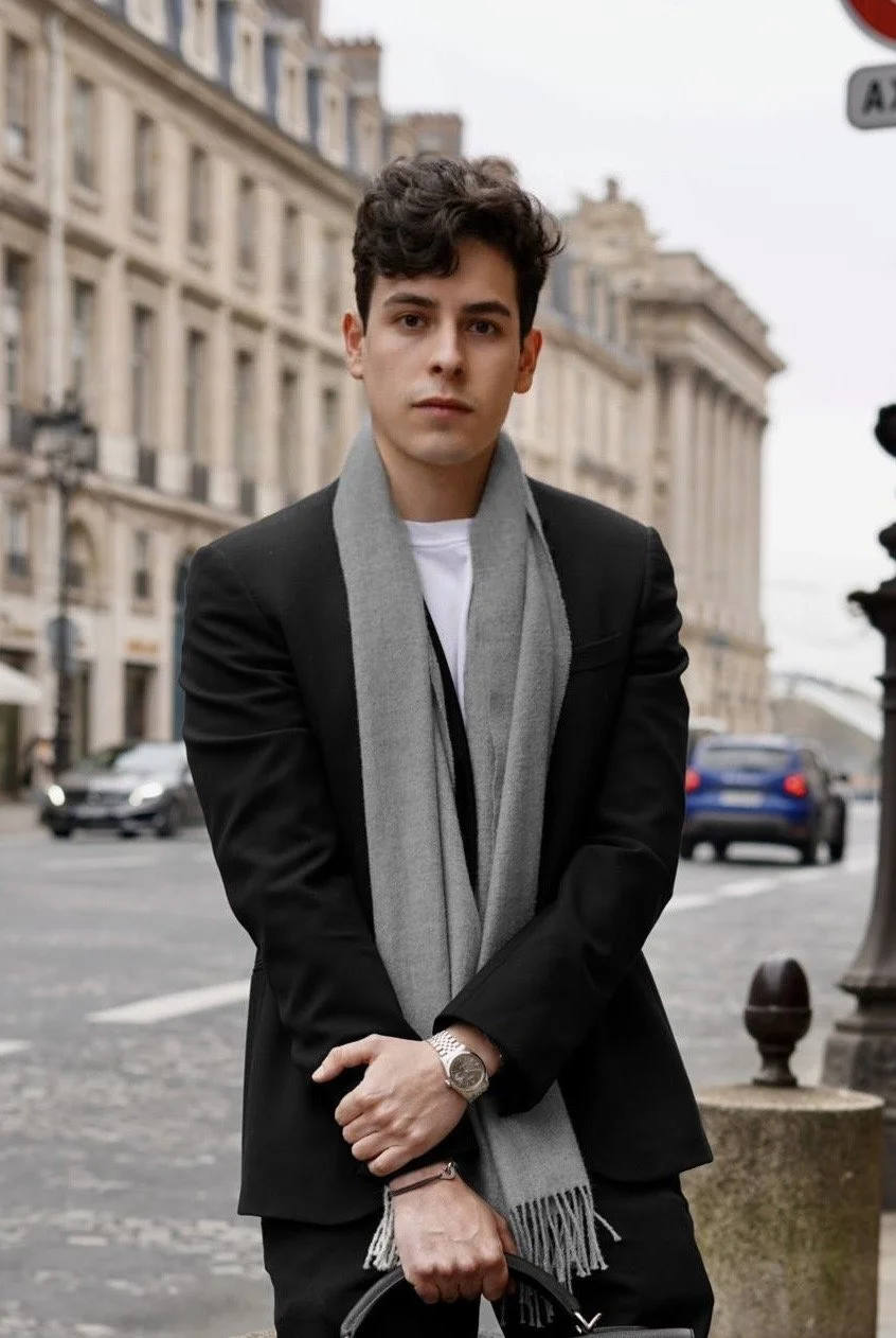 Andres Munar  wearing a black suit and gray scarf stands on a city street with historic architecture in the background.