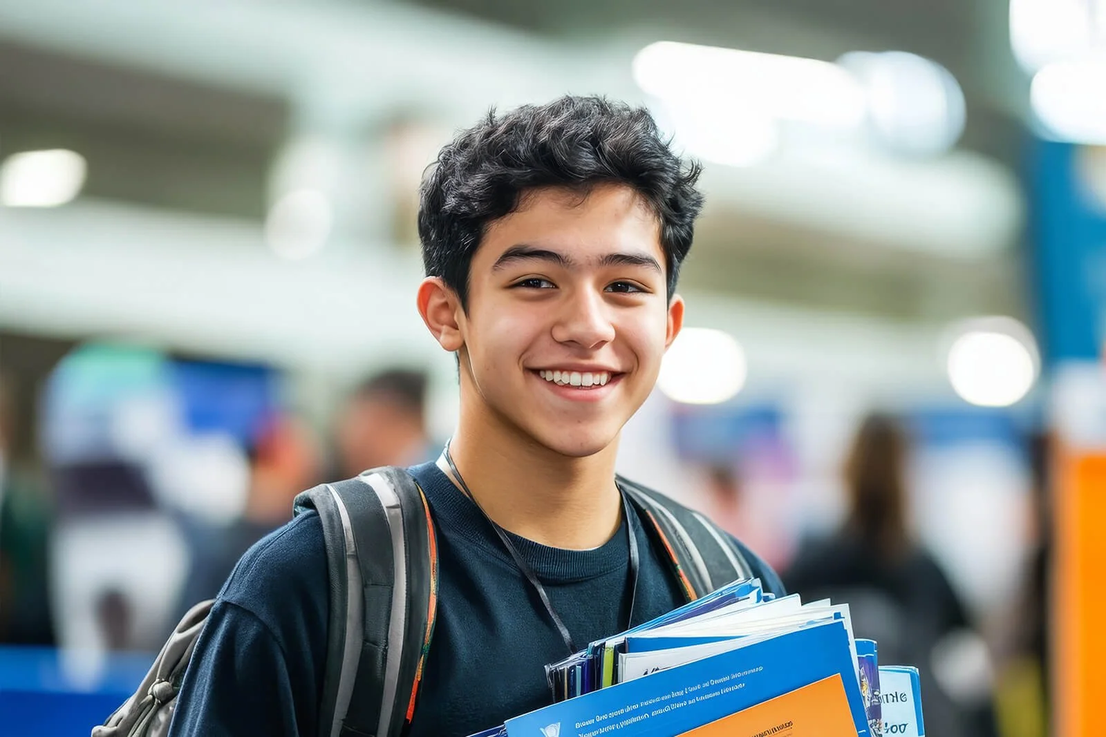 Student in a blue shirt smiling while holding textbooks, illustrating Grace Place School’s education program that empowers teens academically.