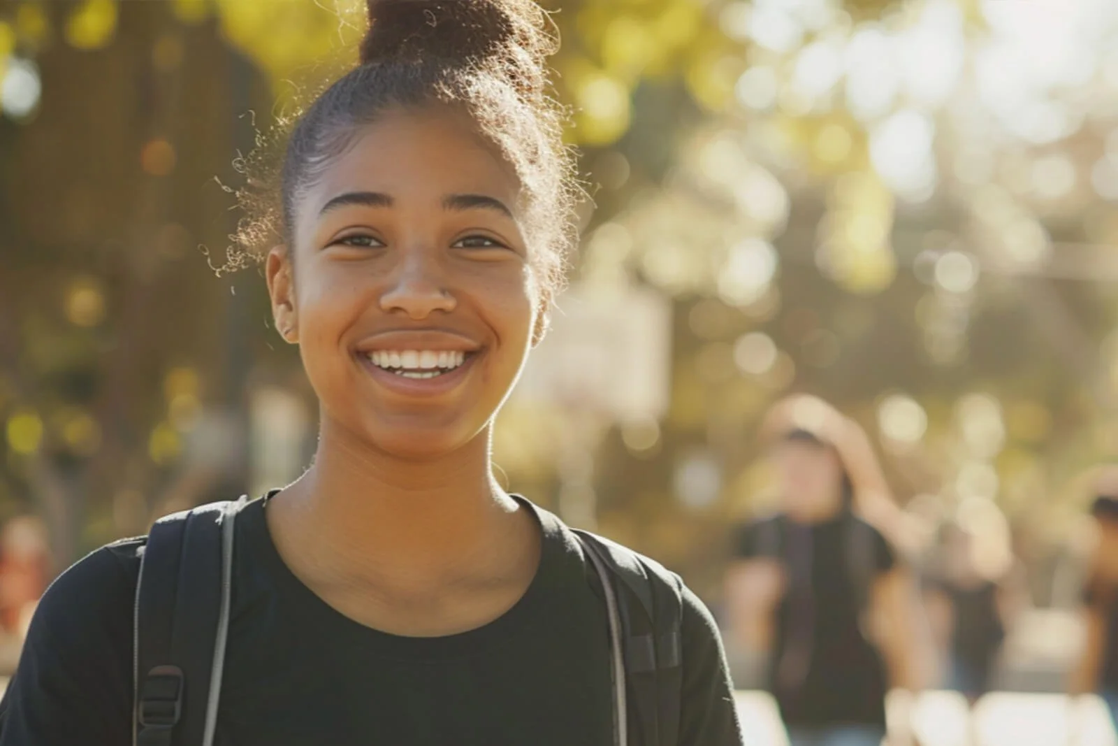 A confident young student smiling outside on a sunny day, wearing a backpack with classmates blurred in the background—symbolizing hope and the future Grace Place helps shape.