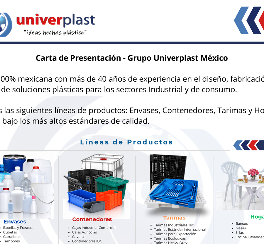 Grupo UNIVERPLAST México | Fabricación de Envases de Plástico: Botellas y Frascos, Cubetas, Tanques y Tambores; Cajas; Tarimas y Hogar.