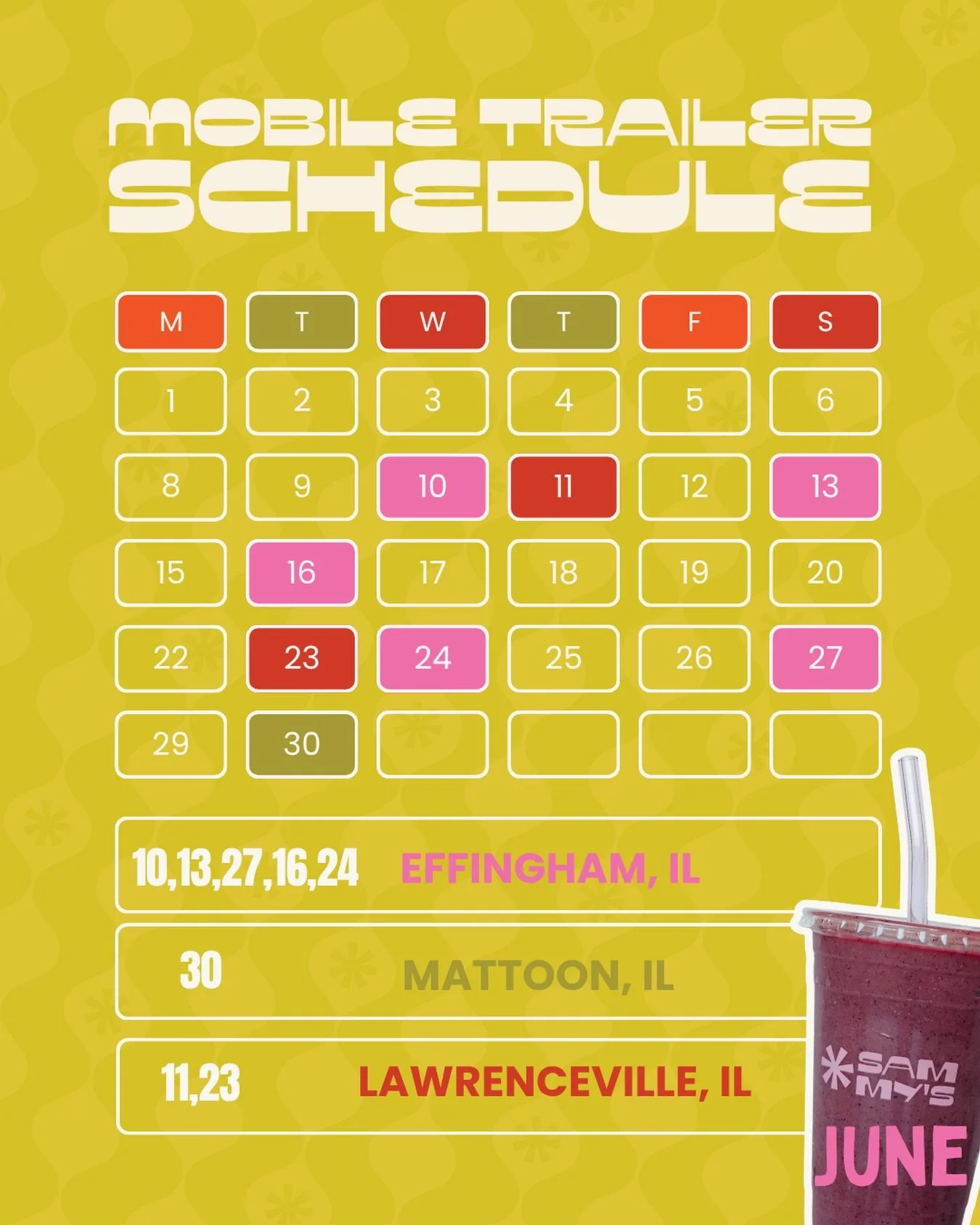 SAMMYS JUNE MOBILE 2026 SCHEDULE !!!! 🚐 

Here&rsquo;s How To Find Us This Summer 🌞 

🍉We Will Post This Calendar First Of The Month

🍉Every Sunday, We Will Post The Trailer Schedule For The Week With Location Info &amp; Time Frames 

HAPPY SUMME