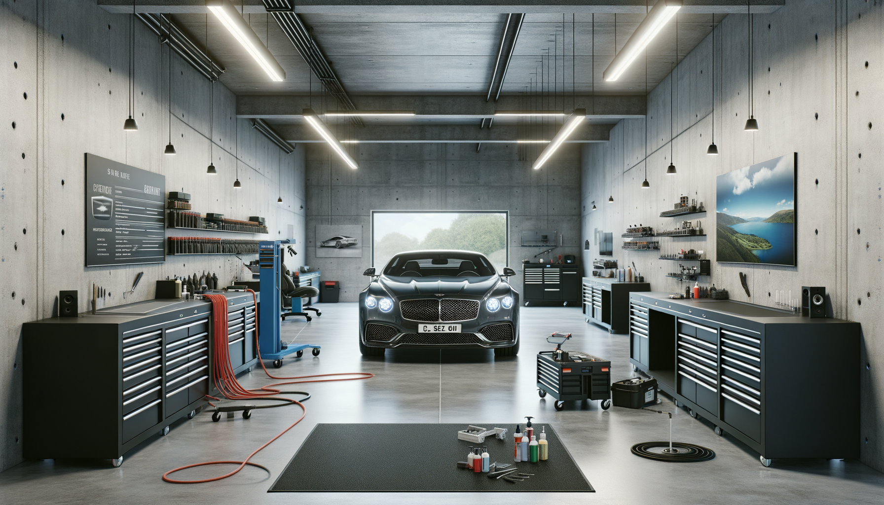 Modern car garage with a luxury car, shelves with tools, and equipment. Concrete walls and floors, overhead lighting, and large windows.