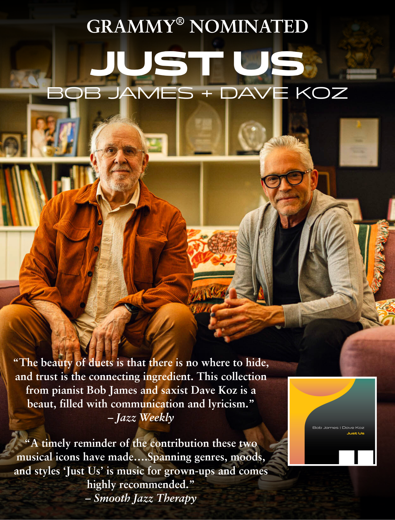 Cover of a music album titled 'Just Us' by Bob James and Dave Koz sitting on a couch in a cozy living room with bookshelves and framed photos in the background.