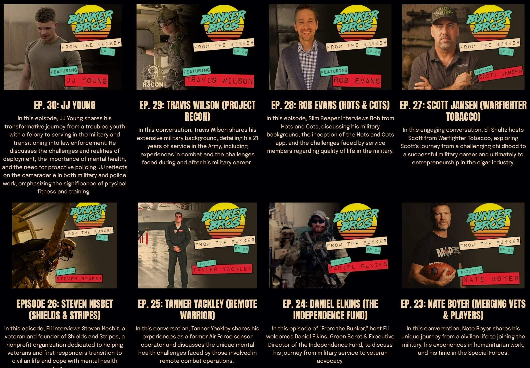 Grid of eight images with text overlays, featuring podcast episodes of 'Bunker Bros.' Each image shows a person or people, with episode number and names, and descriptions of their military or veteran experiences.