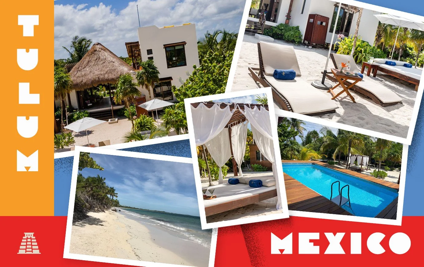Tulum, Mexico. Showing the private house, pool, lounge area and beach.