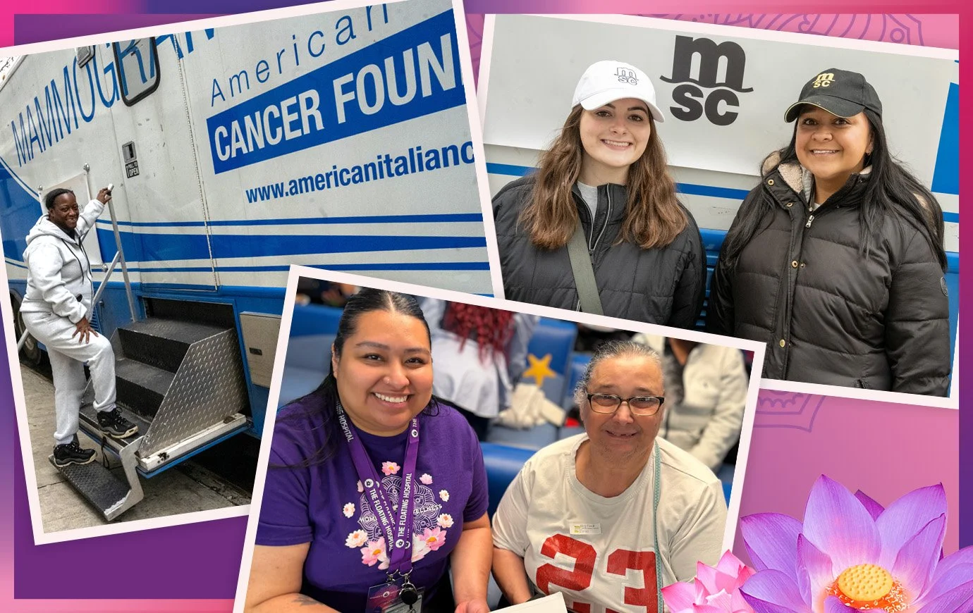 Montage of images showing the American-Italian Cancer Foundation Mammogram vehicle, Mediterranean Shipping Company volunteers and women in the clinic