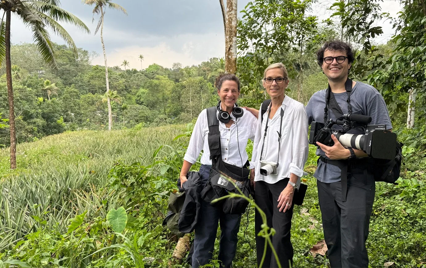 Carolyn Jones, center, with Lisa Frank and Rob Gourley, the director of photography in Kerala, India for their most recent film, A Long Way to Go.