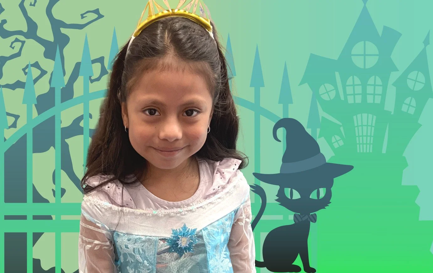 Girl dressed as a princess, with a Halloween themed background