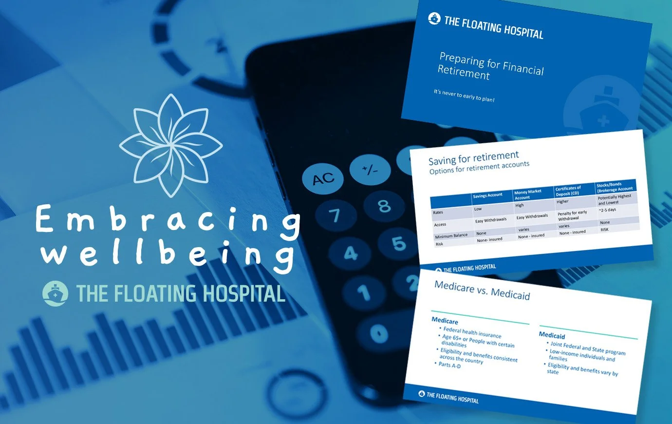 Montage, showing the "Embracing Wellbeing" logo over a financial themed image, along with three screens from the "Preparing for Financial Retirement" deck