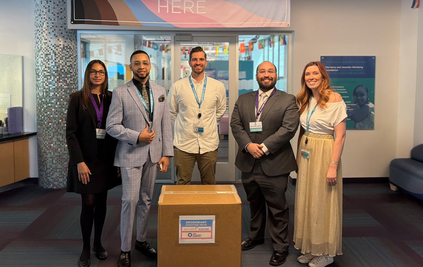 Alex Collado, Carolina Morel, and Kevin Vega of Bank of America, alongside Kevin Douglas and Dr. Meghan Miller of The Floating Hospital.