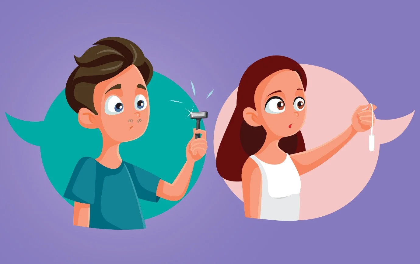 Illustration of teen boy, holding a razor, and teen girl holding a tampon, both looking perplexed.