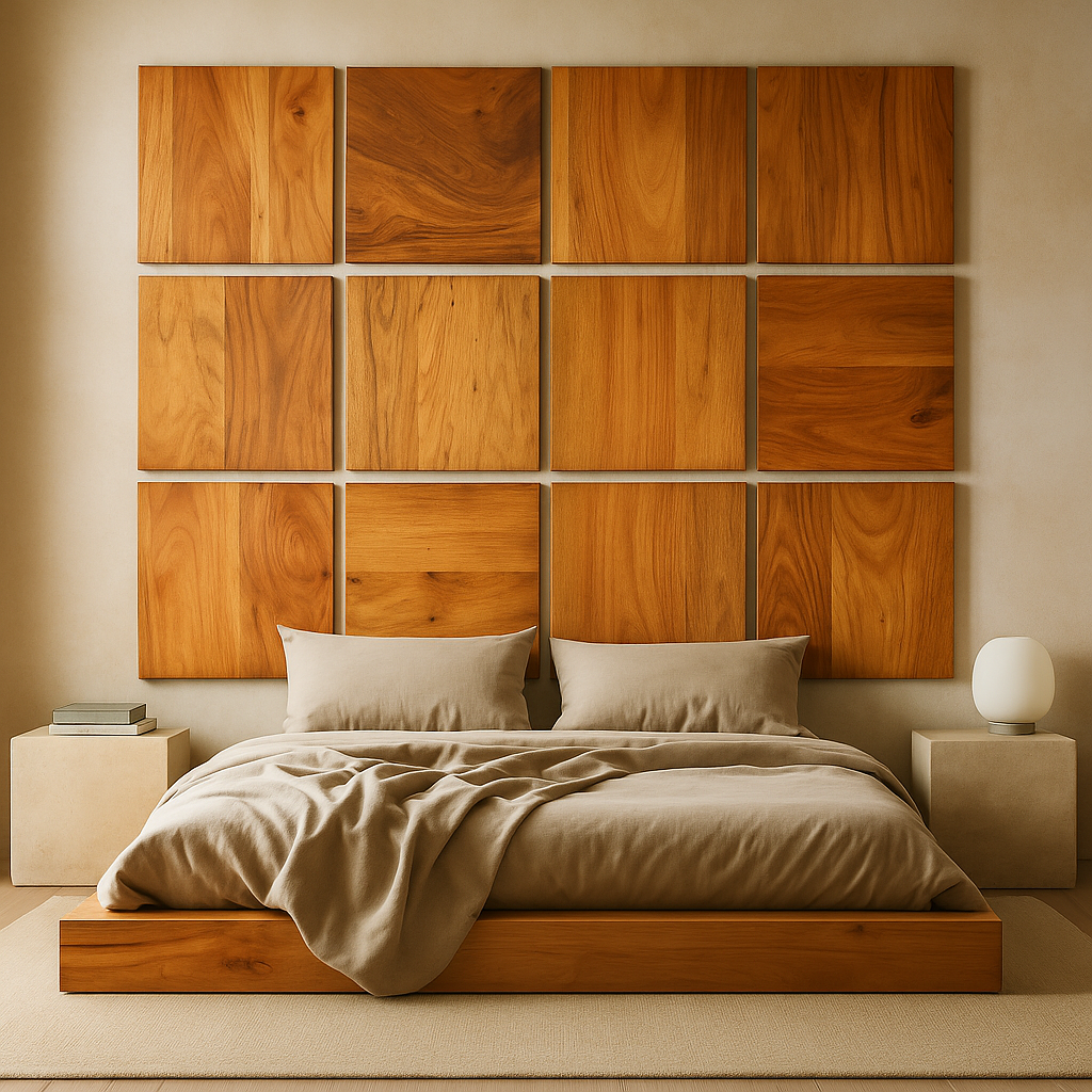 Decorative 50×50 cm wall panels in solid acacia wood.