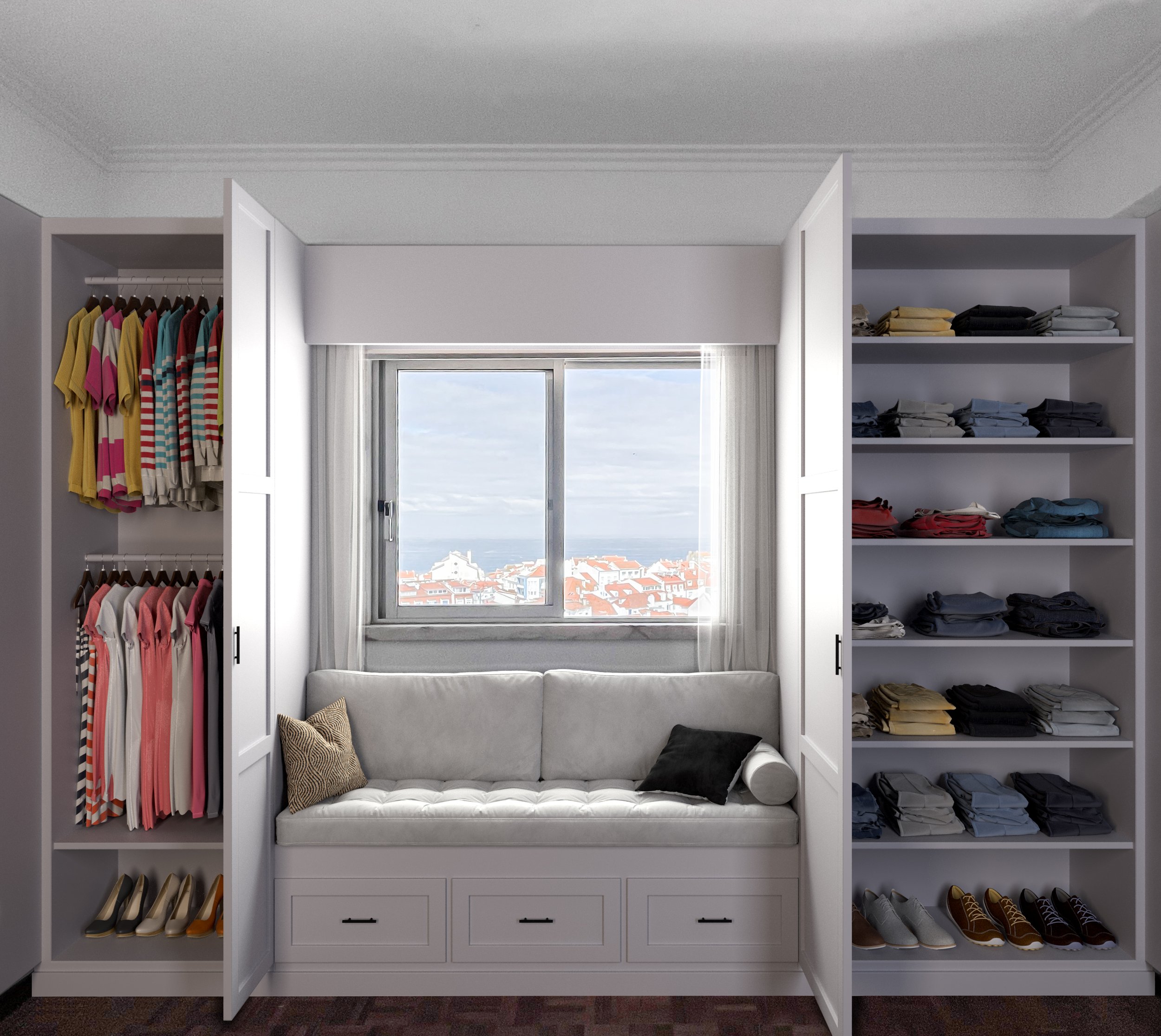 Bedroom storage wall with wardrobe doors open, showing shelving, hanging space, and central seating nook