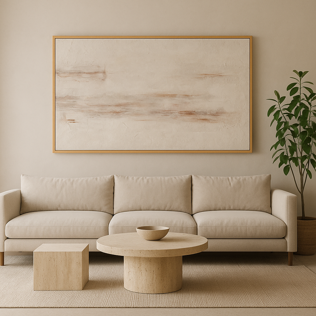 Plaster-textured wall art displayed in a minimalist living room.