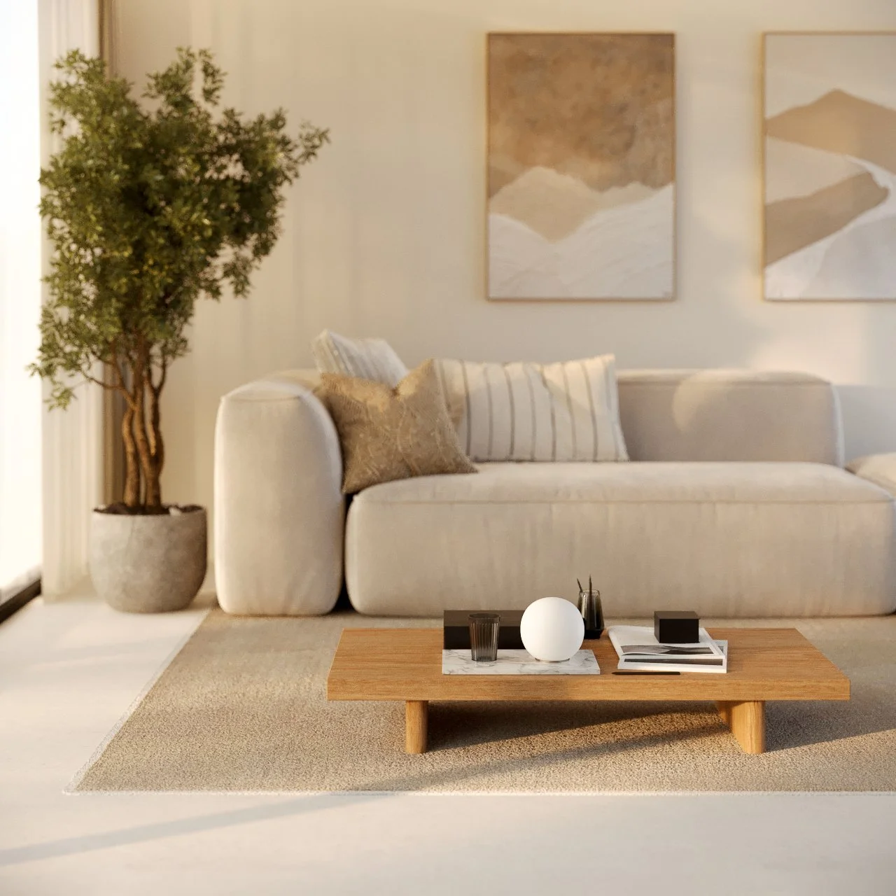 Low solid-oak coffee table in a modern minimalist living room.