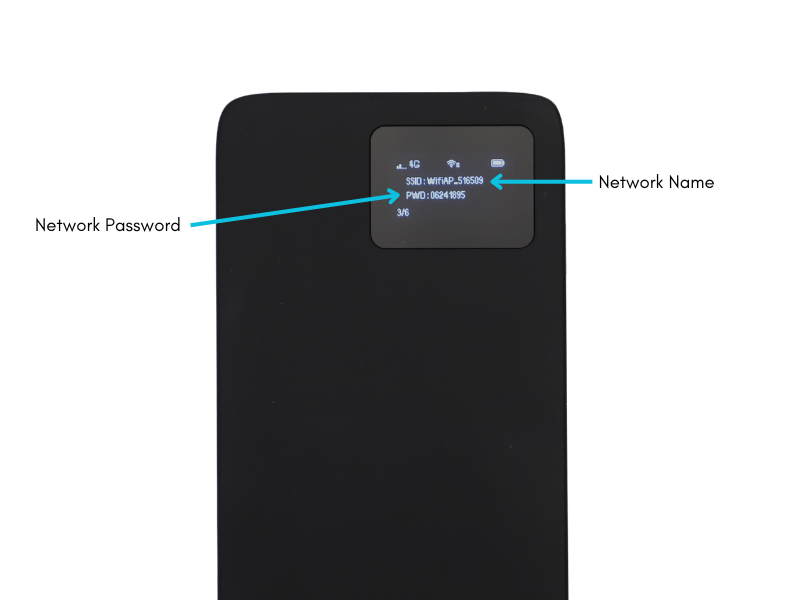 Step #4: Click the side button twice to access the third screen, which will say 3/6. This screen will have your Network Name (SSID), and Password.