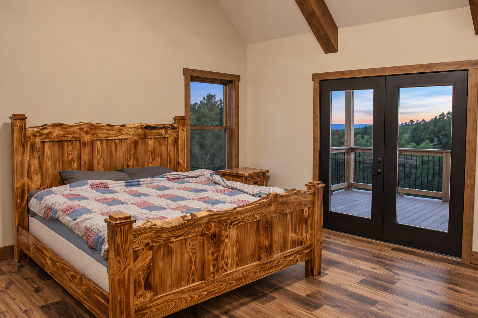 Rustic Bedroom with Forest Sunset Views.png