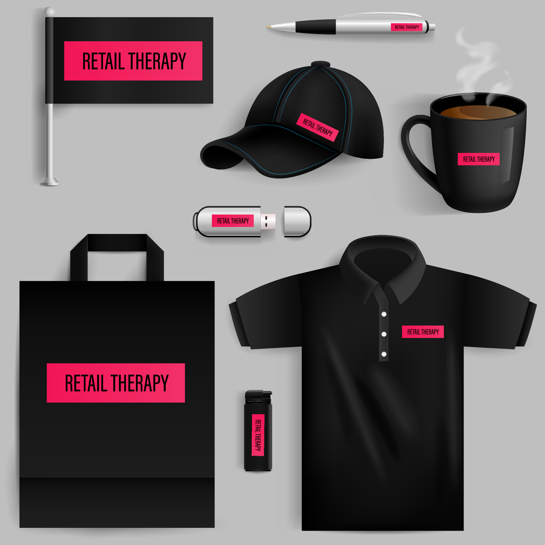 Colección de artículos promocionales con la etiqueta 'Retail Therapy', incluyendo una bandera, una gorra, una taza humeante, una batería portátil, una botella, y varios objetos en un fondo gris.