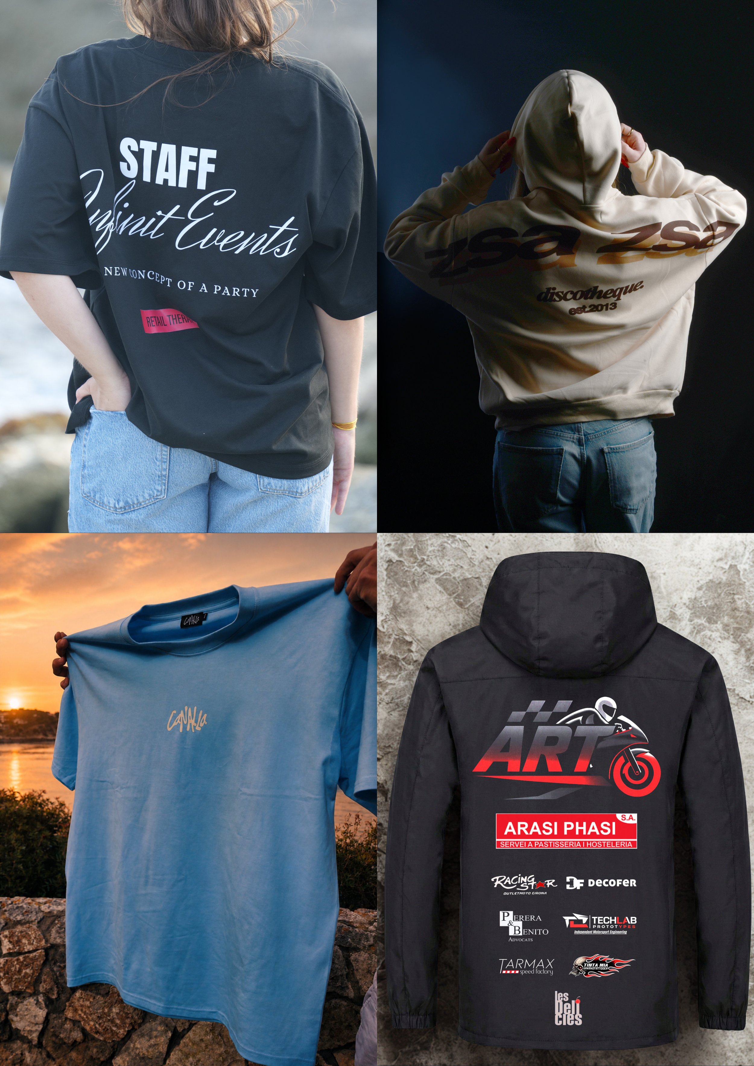 Cuatro prendas de vestir: en la esquina superior izquierda hay una camiseta negra con texto en inglés y rosa, en la parte superior derecha hay una sudadera blanca con logotipo y texto en negro y naranja, en la esquina inferior izquierda hay una camiseta azul con texto en naranja, y en la esquina inferior derecha hay una chaqueta negra con múltiples logotipos y nombres, incluyendo uno en rojo que dice 'ARASI PHSI'.