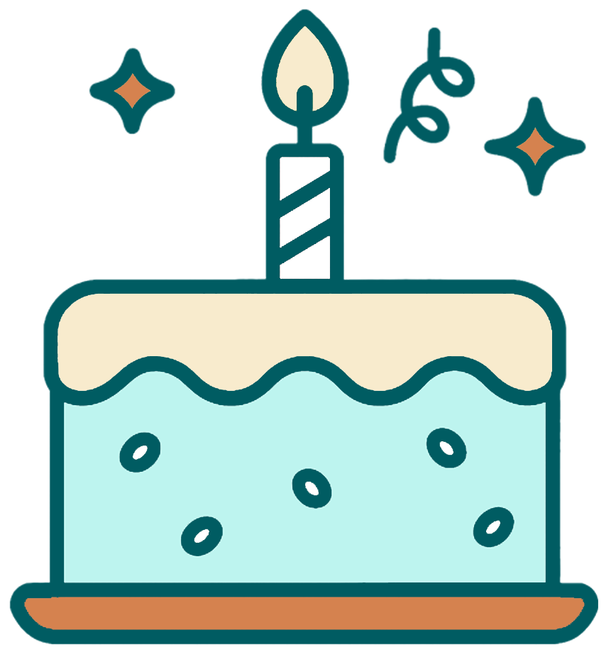 A birthday cake with a single lit candle on top, decorated with simple patterns, and surrounded by sparkles.
